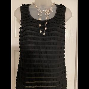 TRIBAL SHEER BLACK TOP  with illusion effect, layered ruffle design , size L